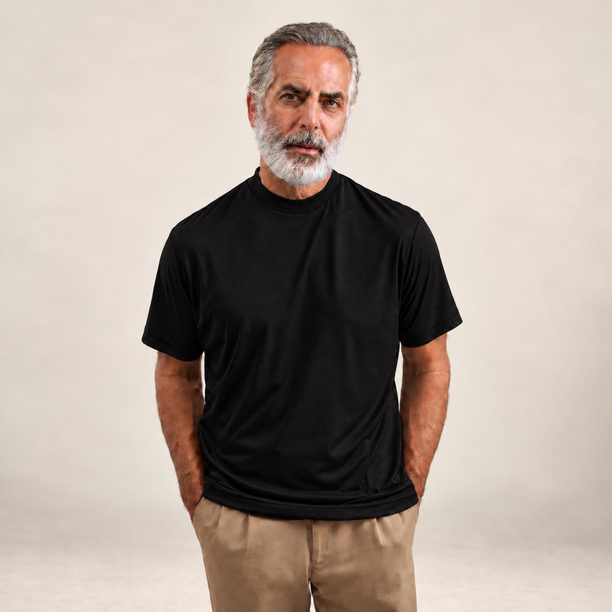 Pima Reserve Mock Neck T-Shirt model Guillermo in Black