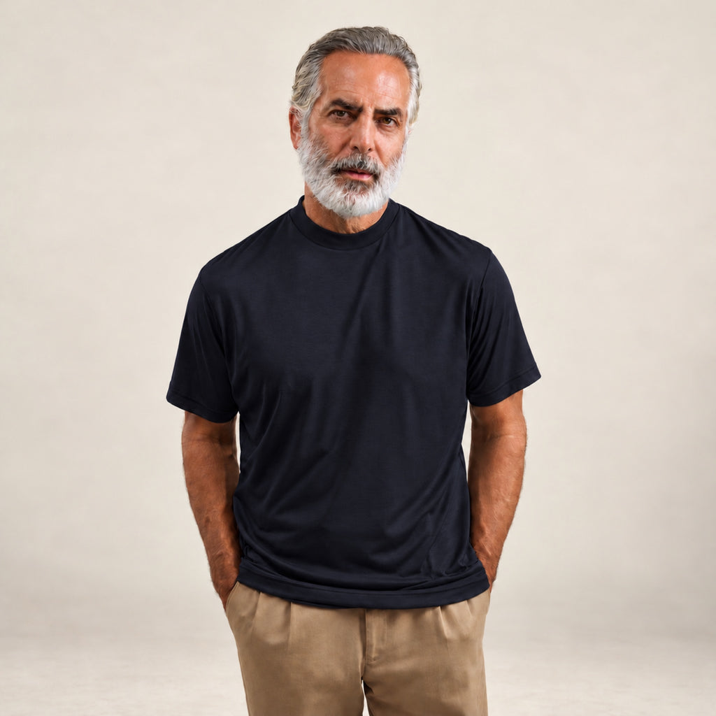 Pima Reserve Mock Neck T-Shirt model Guillermo in Navy