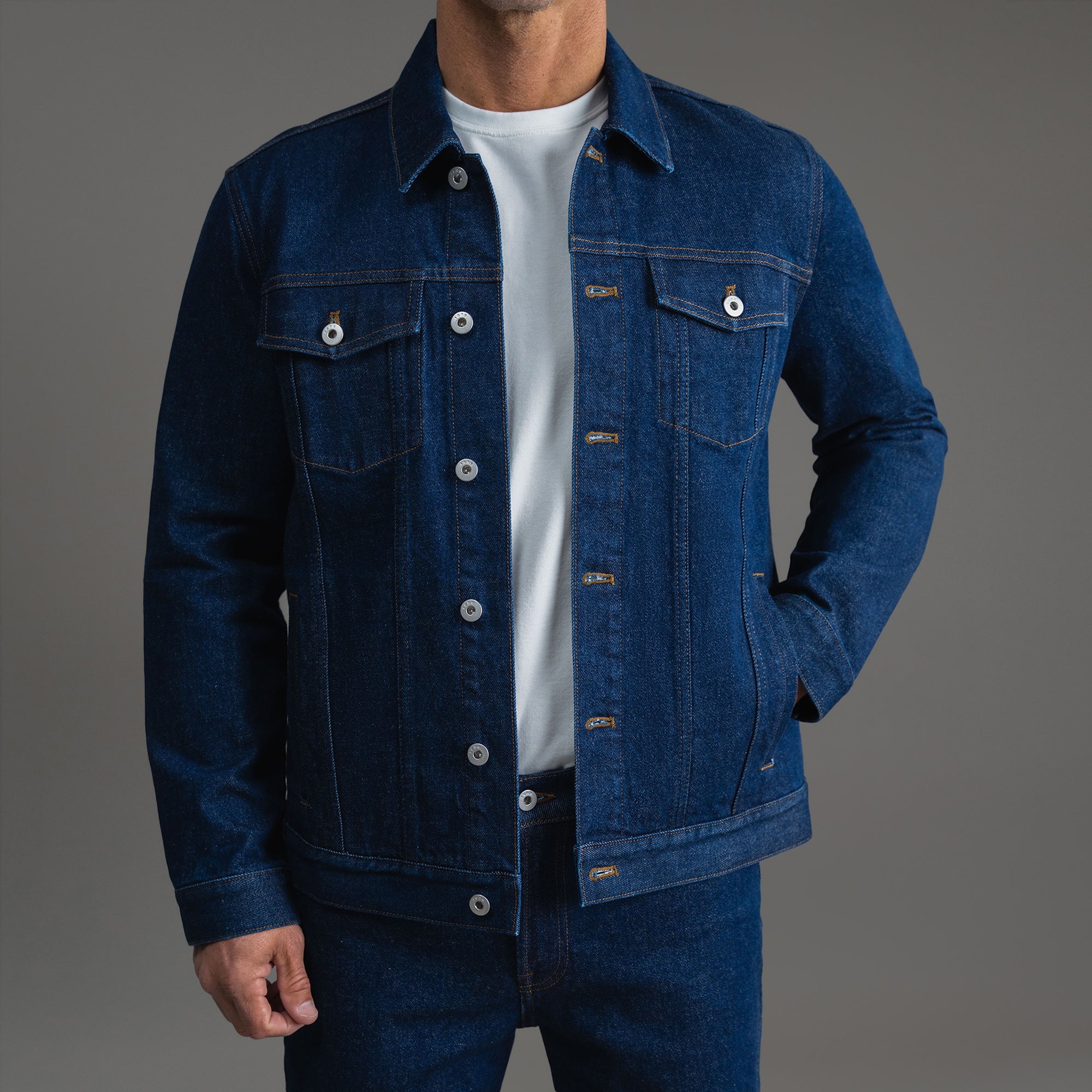 Tags:(6'0" - 180 lbs|Tailored) men's custom denim jacket model Tyler in Deep Indigo