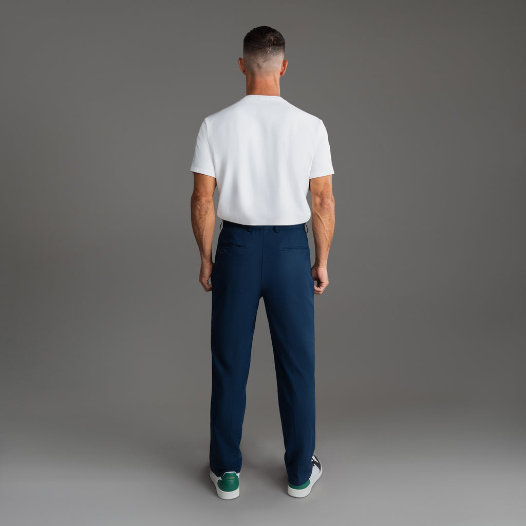 bespoke custom trousers pant chino performance technical model Tyler in Nautical Blue