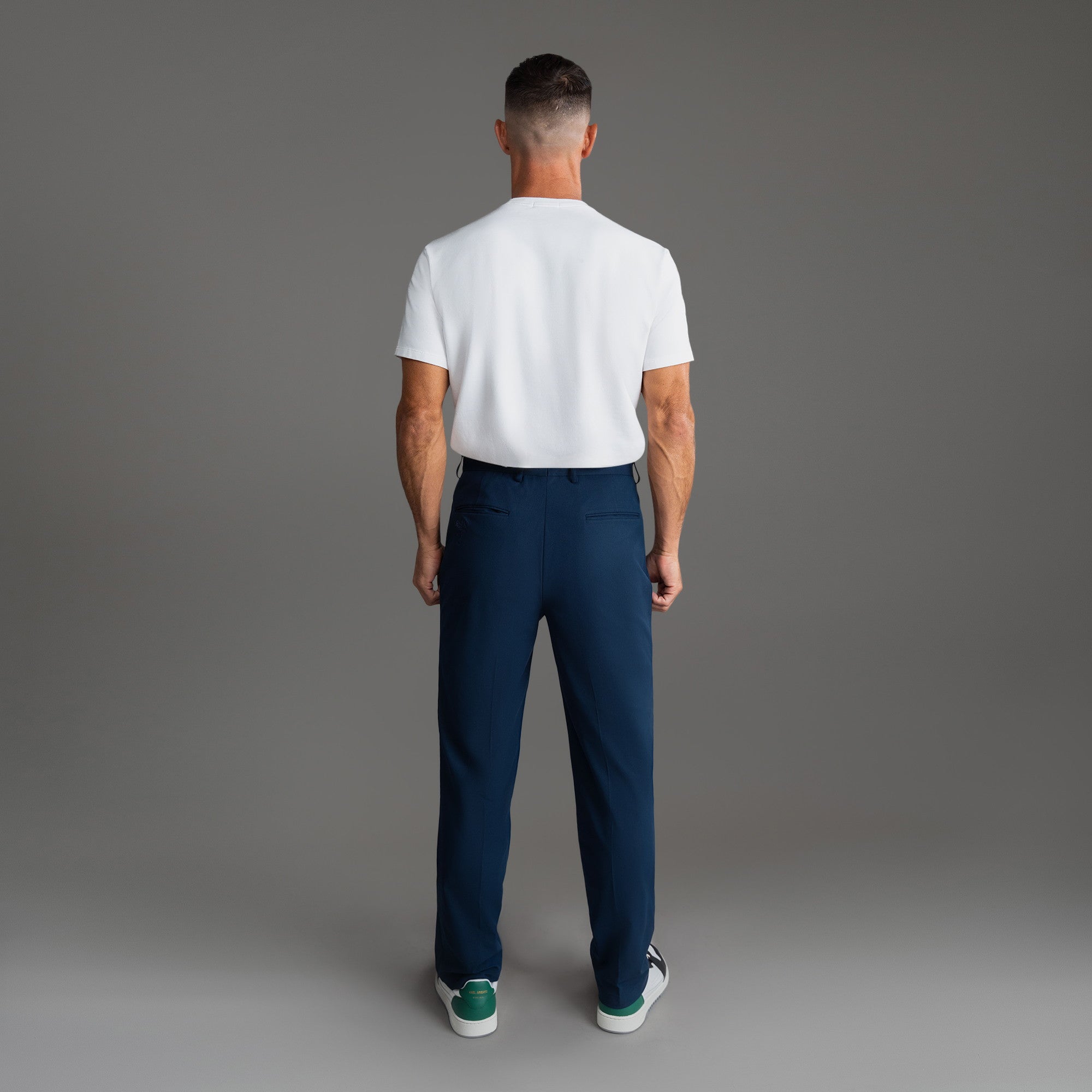 bespoke custom trousers pant chino performance technical model Tyler in Nautical Blue