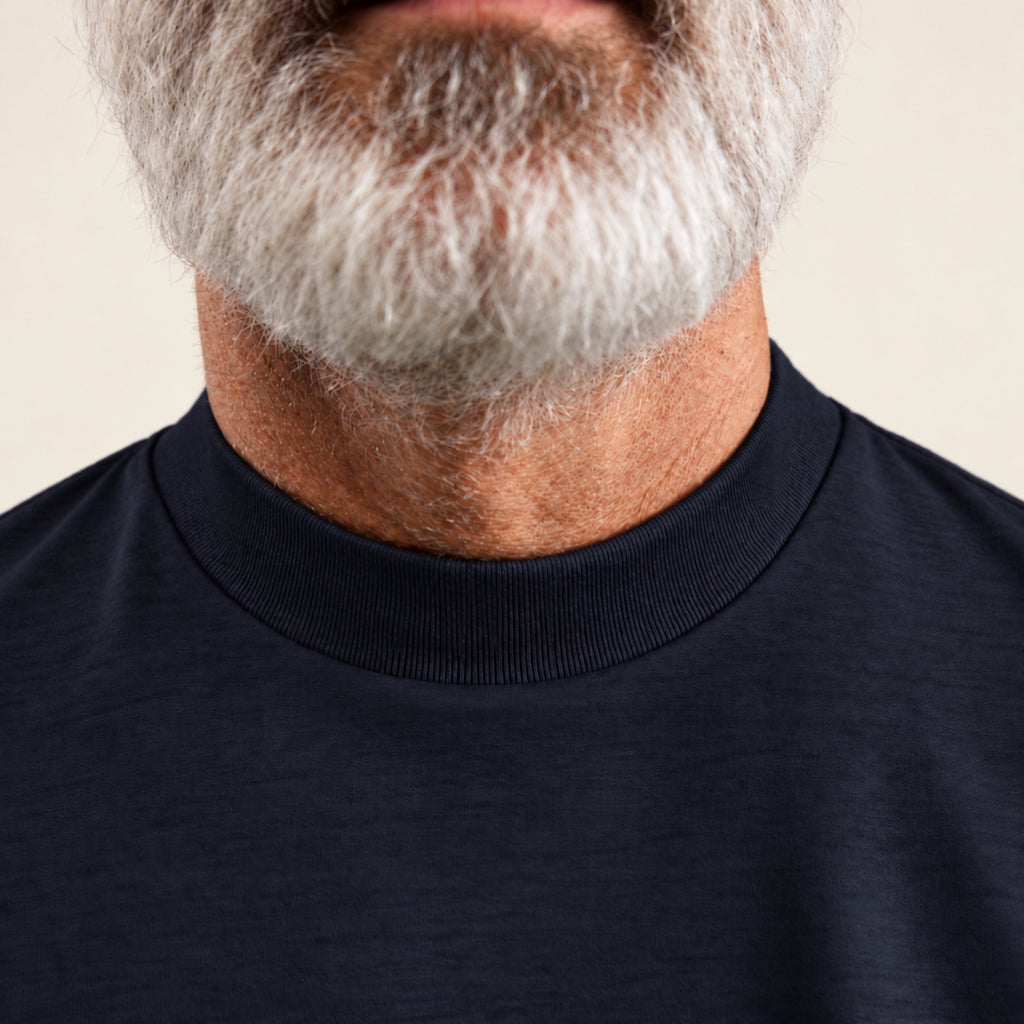 Pima Reserve Mock Neck T-Shirt model Guillermo in Navy