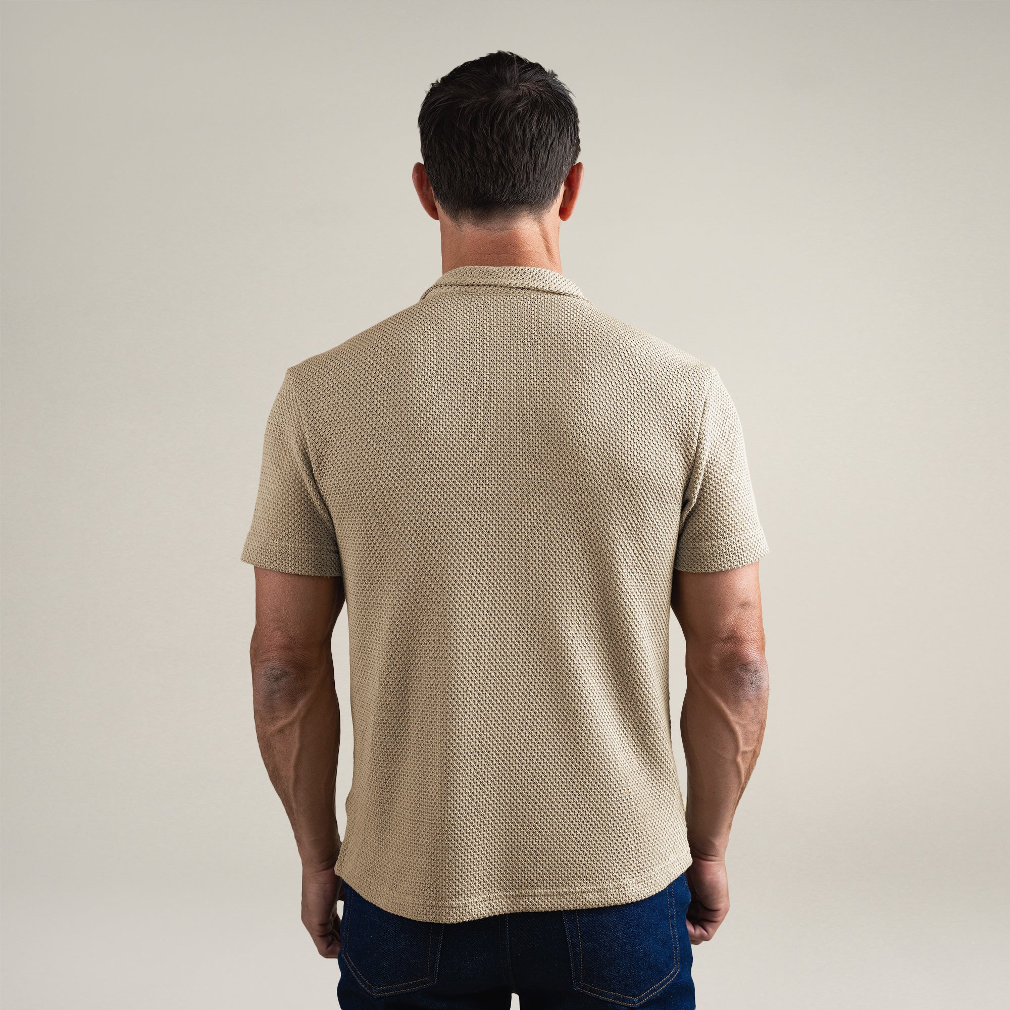 Tags:(6'0" - 180 lbs|Medium) Custom Knit Camp Shirt model Tyler in Khaki
