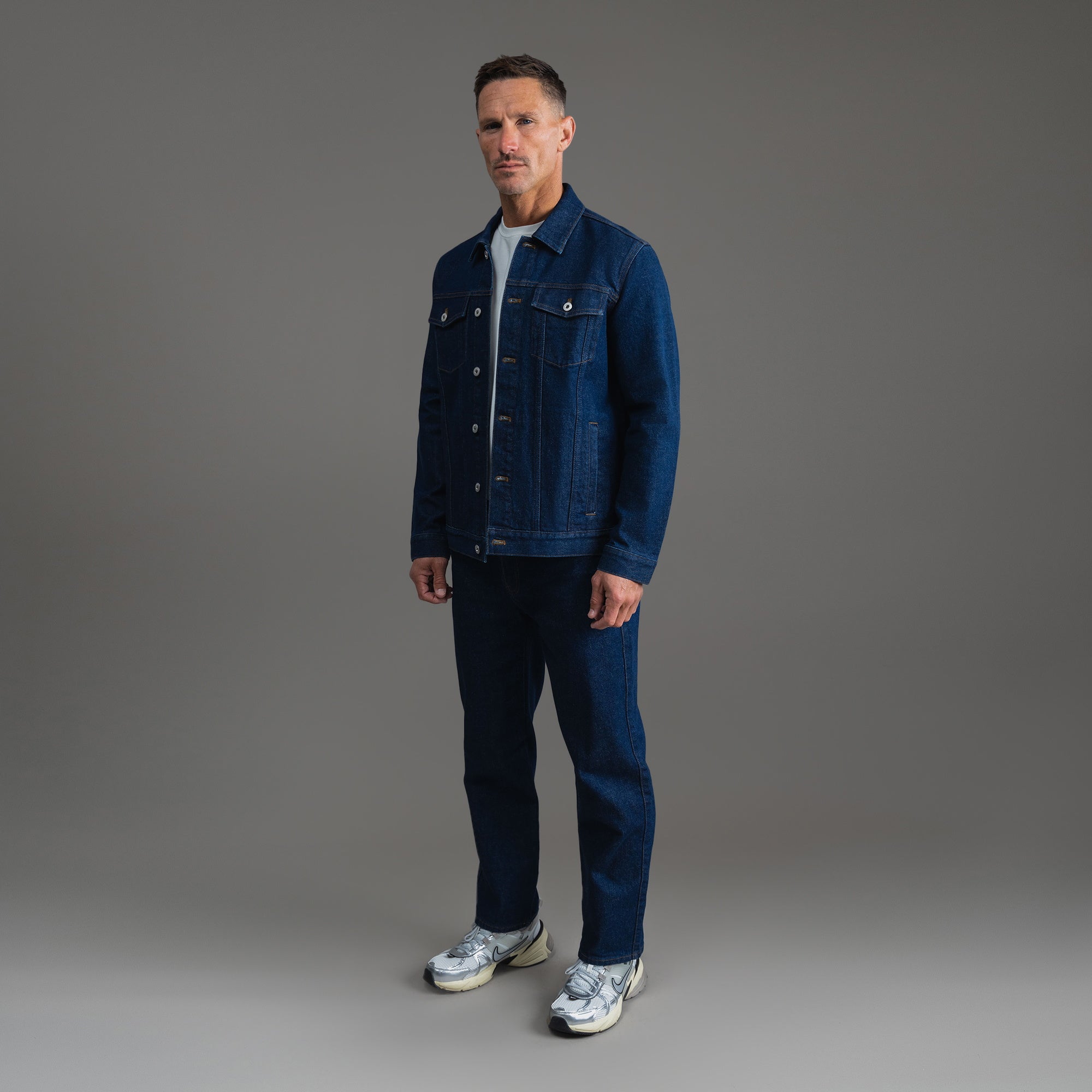 Tags:(6'0" - 180 lbs|Tailored) men's custom denim jacket model Tyler in Deep Indigo