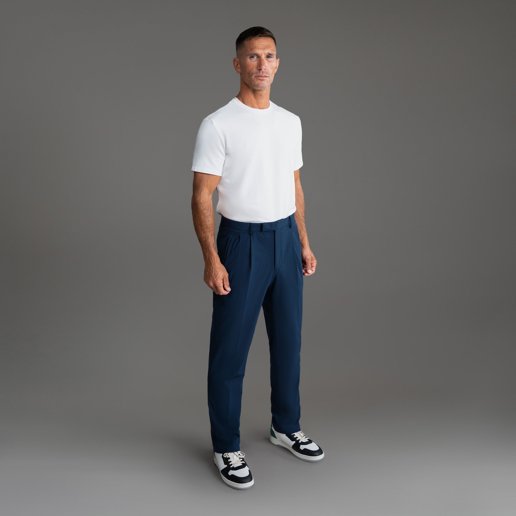 bespoke custom trousers pant chino performance technical model Tyler in Nautical Blue