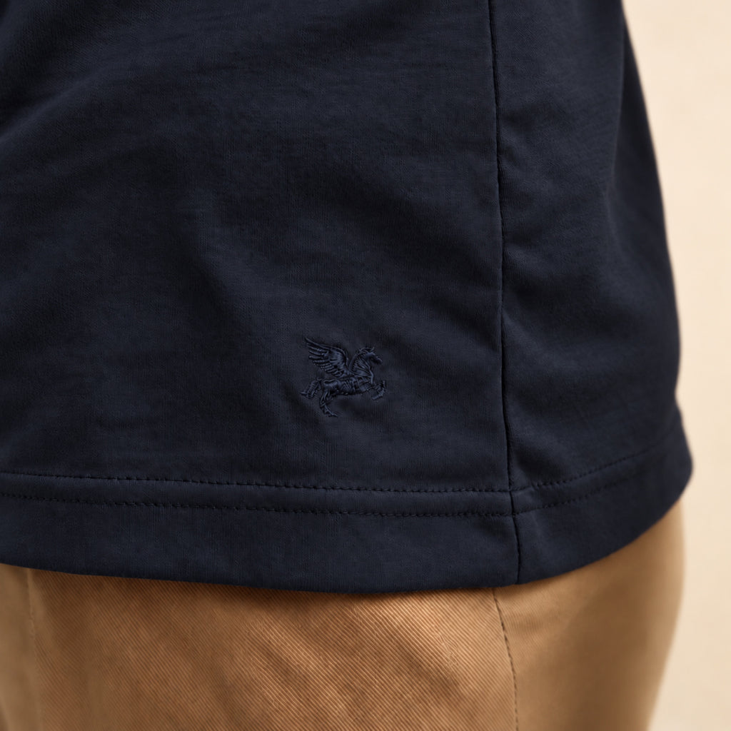 Pima Reserve Mock Neck T-Shirt model Guillermo in Navy