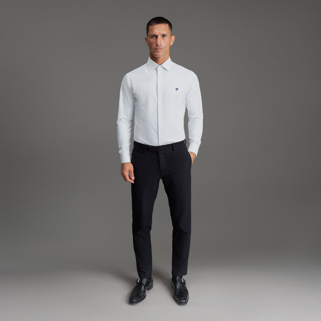 Custom Bespoke Tailored Spread Shirt model Tyler in White Navy Emblem