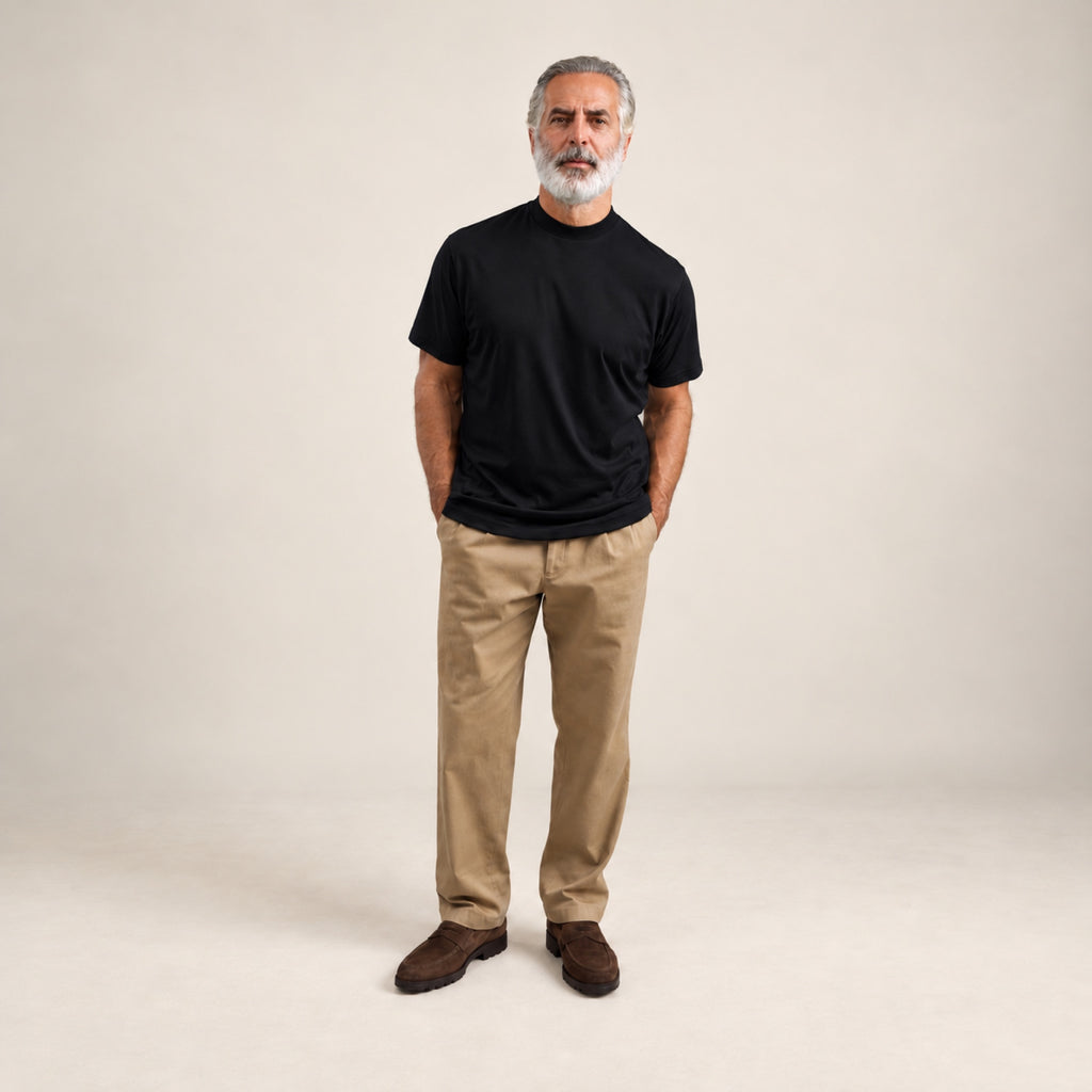 Pima Reserve Mock Neck T-Shirt model Guillermo in Black