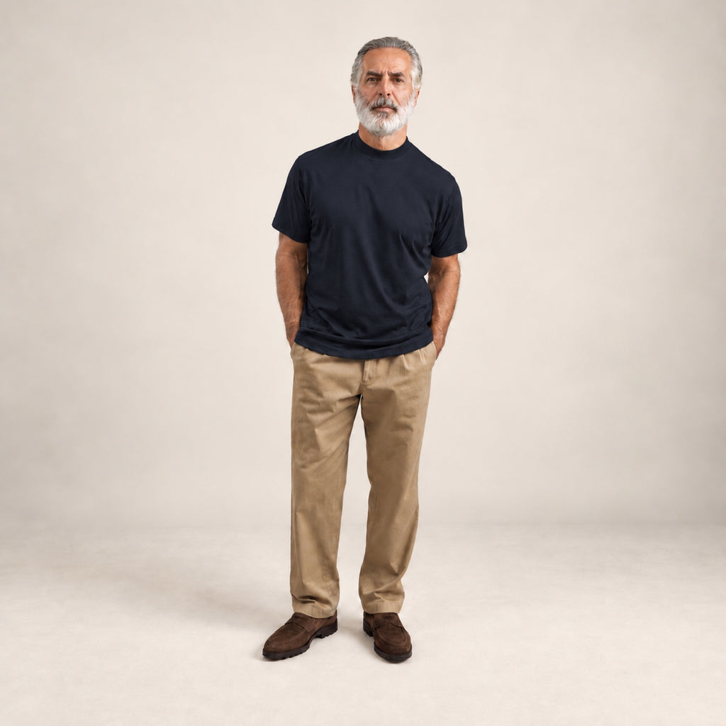 Pima Reserve Mock Neck T-Shirt model Guillermo in Navy