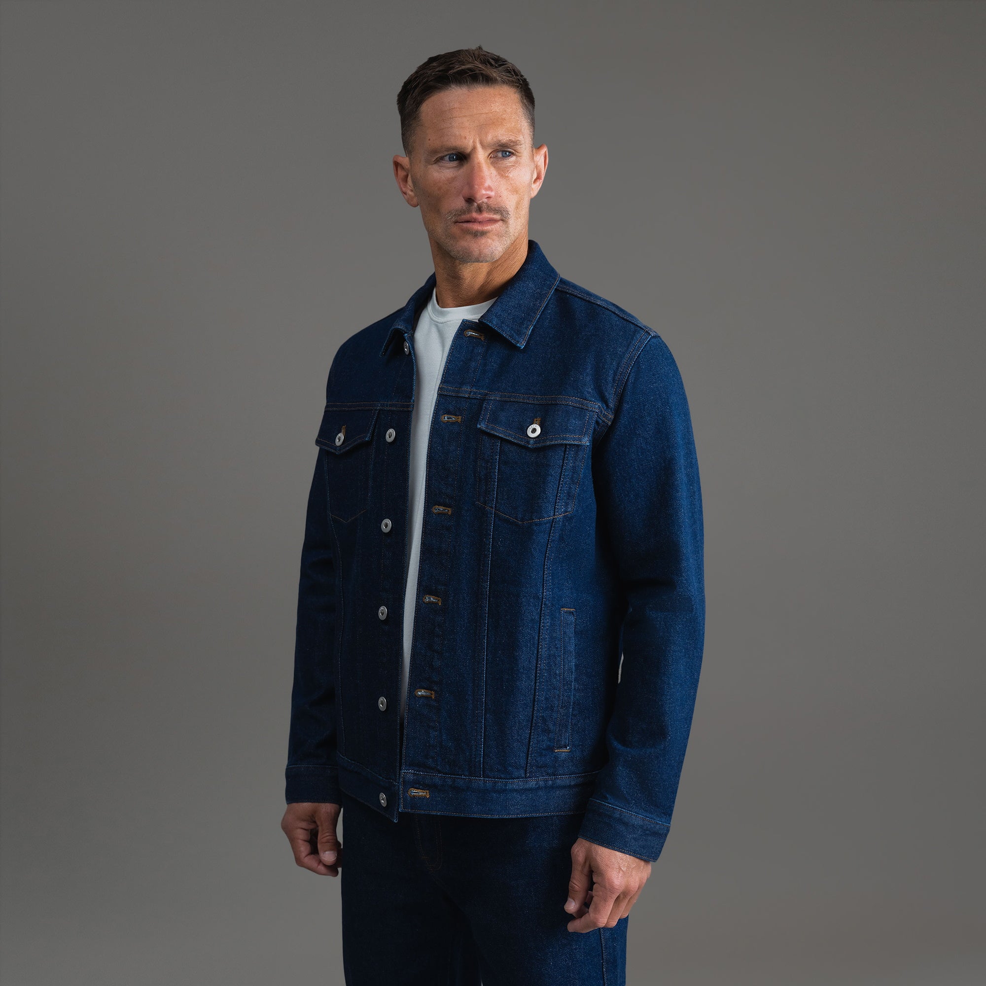 Tags:(6'0" - 180 lbs|Tailored) men's custom denim jacket model Tyler in Deep Indigo