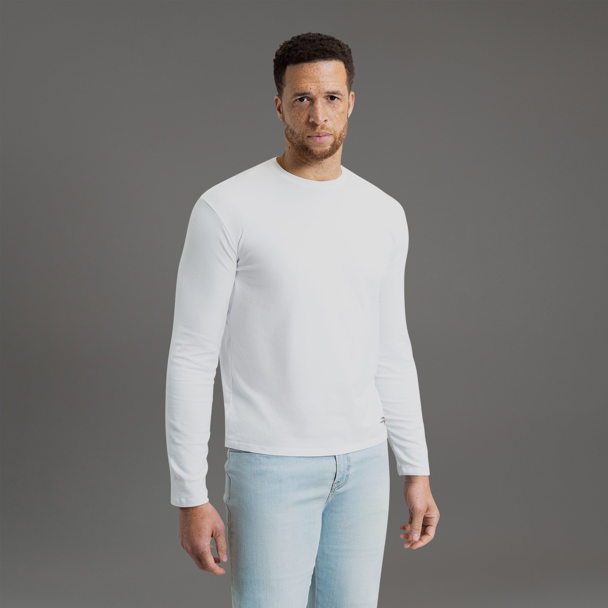 Custom longsleeve t-shirt on model Glen in White
