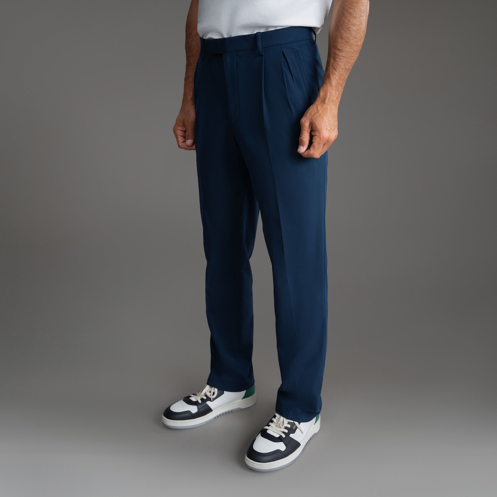 bespoke custom trousers pant chino performance technical model Tyler in Nautical Blue
