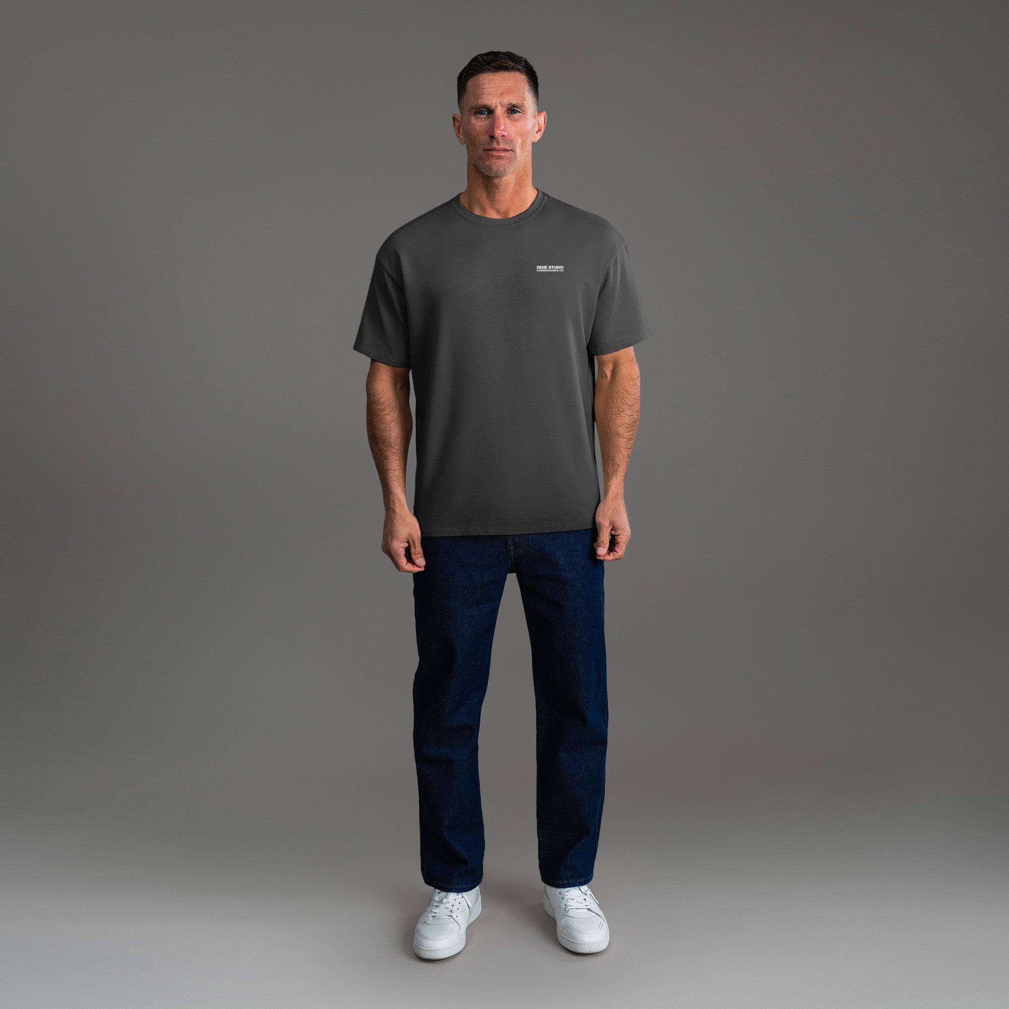 Tags:(6'0" - 180 lbs) custom t-shirt tee model Tyler in Smoke