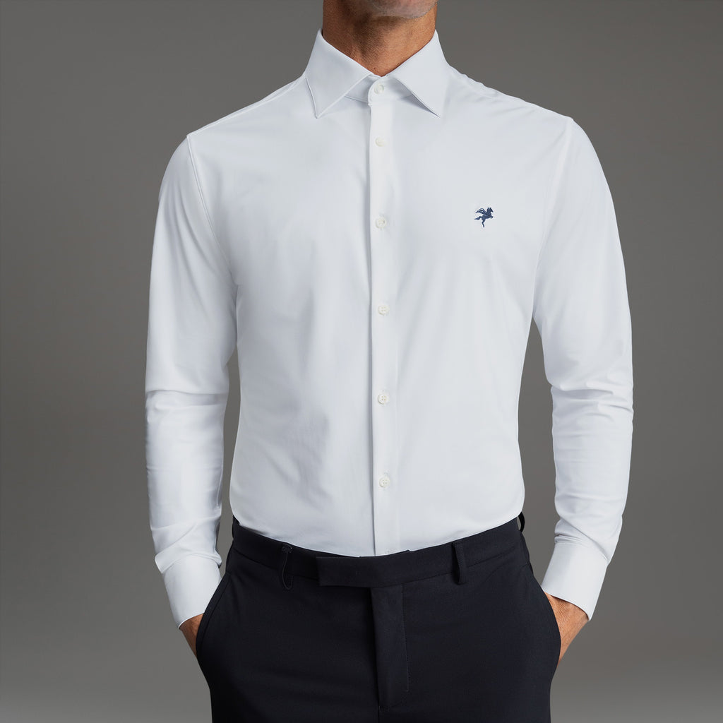 Custom Bespoke Tailored Spread Shirt model Tyler in White Navy Emblem