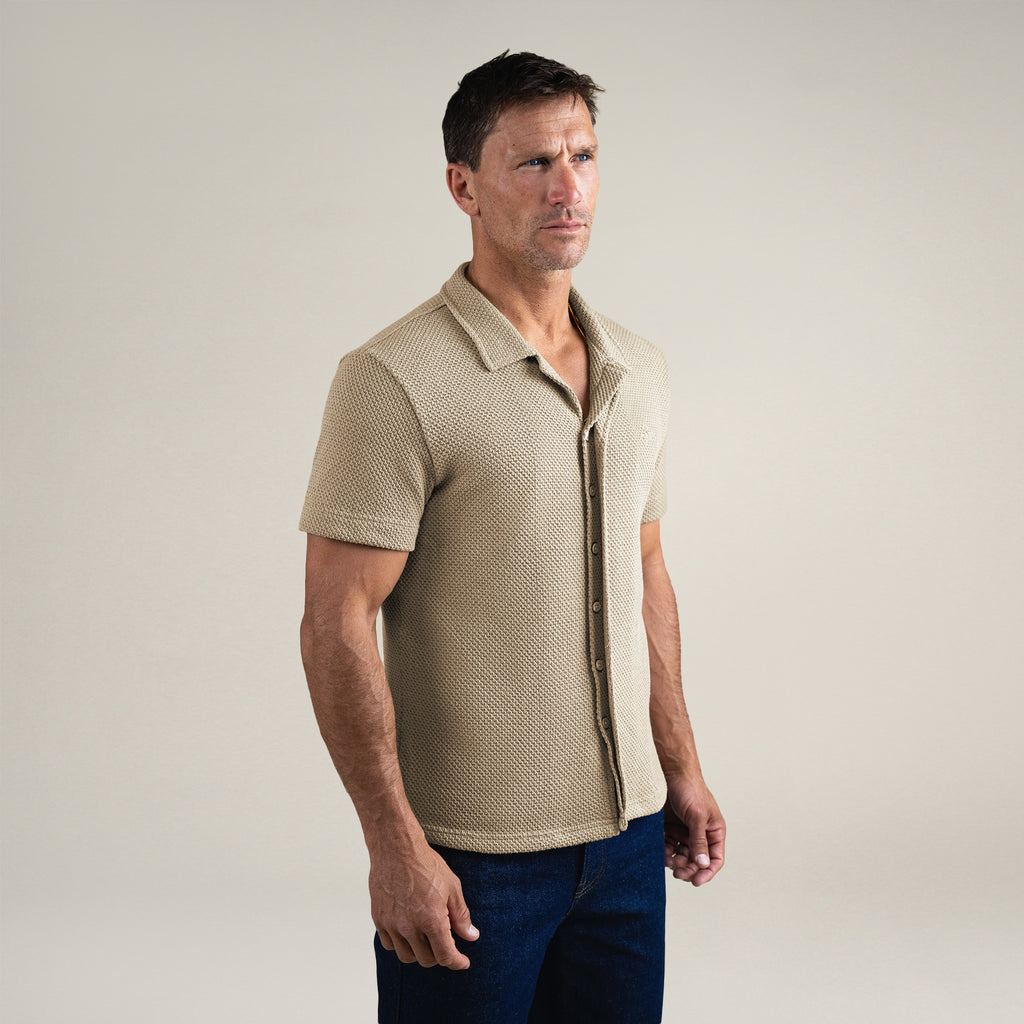 Tags:(6'0" - 180 lbs|Medium) Custom Knit Camp Shirt model Tyler in Khaki