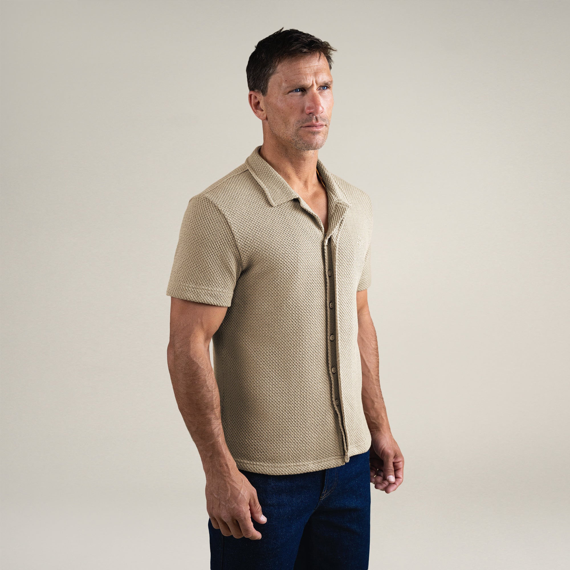 Tags:(6'0" - 180 lbs|Medium) Custom Knit Camp Shirt model Tyler in Khaki