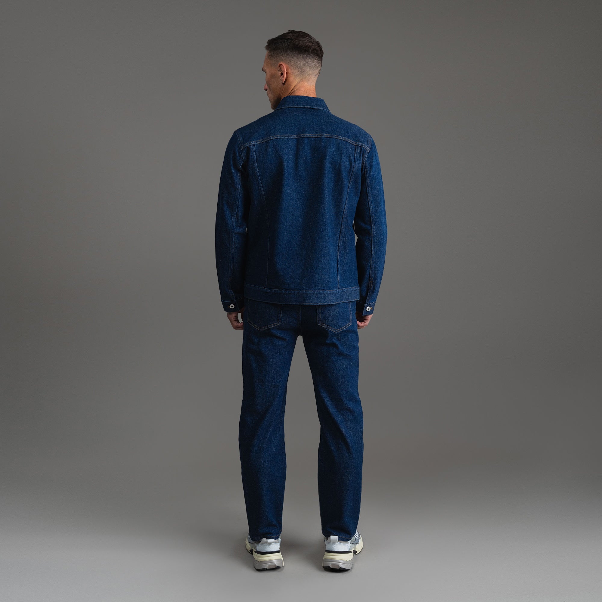 Tags:(6'0" - 180 lbs|Tailored) men's custom denim jacket model Tyler in Deep Indigo