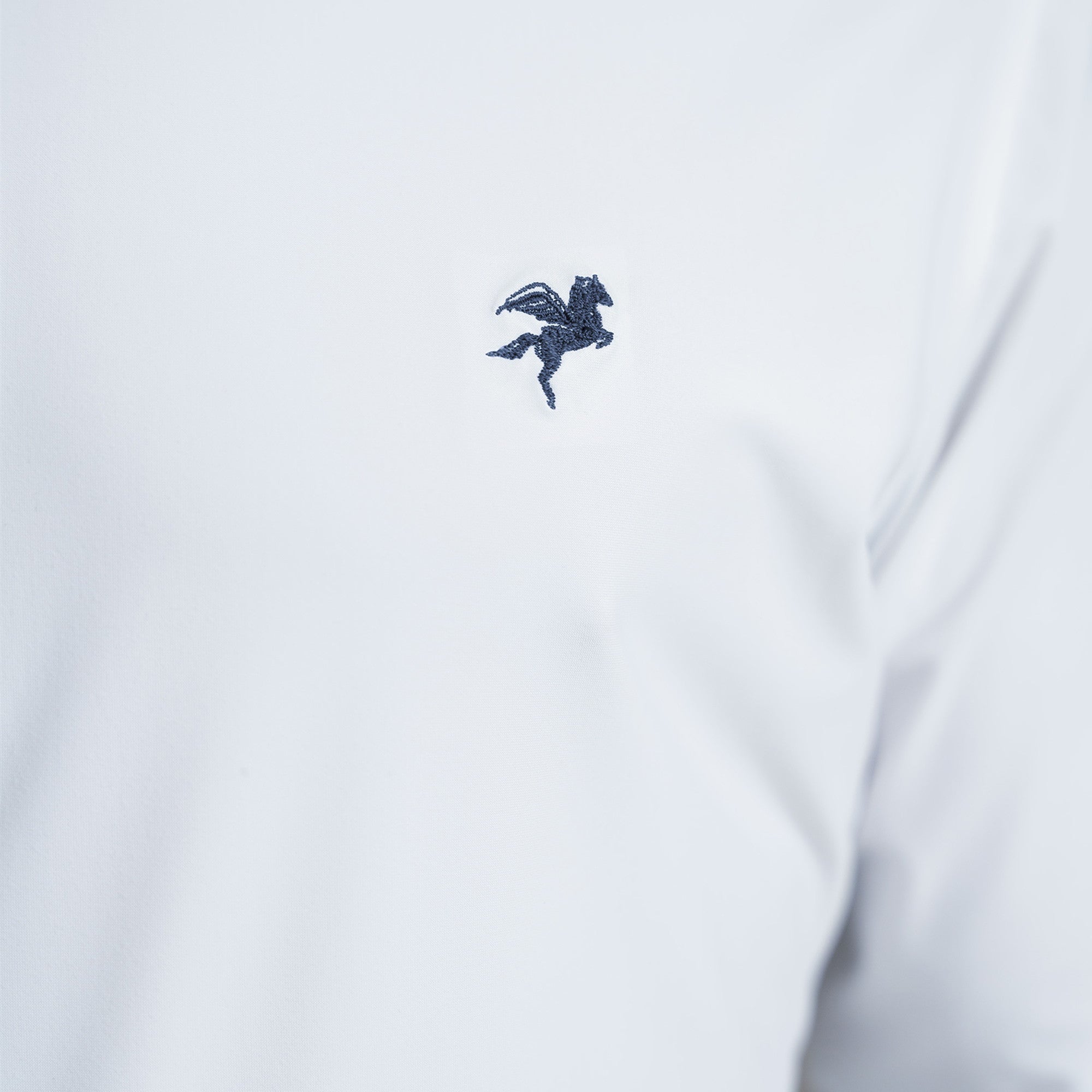 Custom Bespoke Tailored Spread Shirt model Tyler in White Navy Emblem