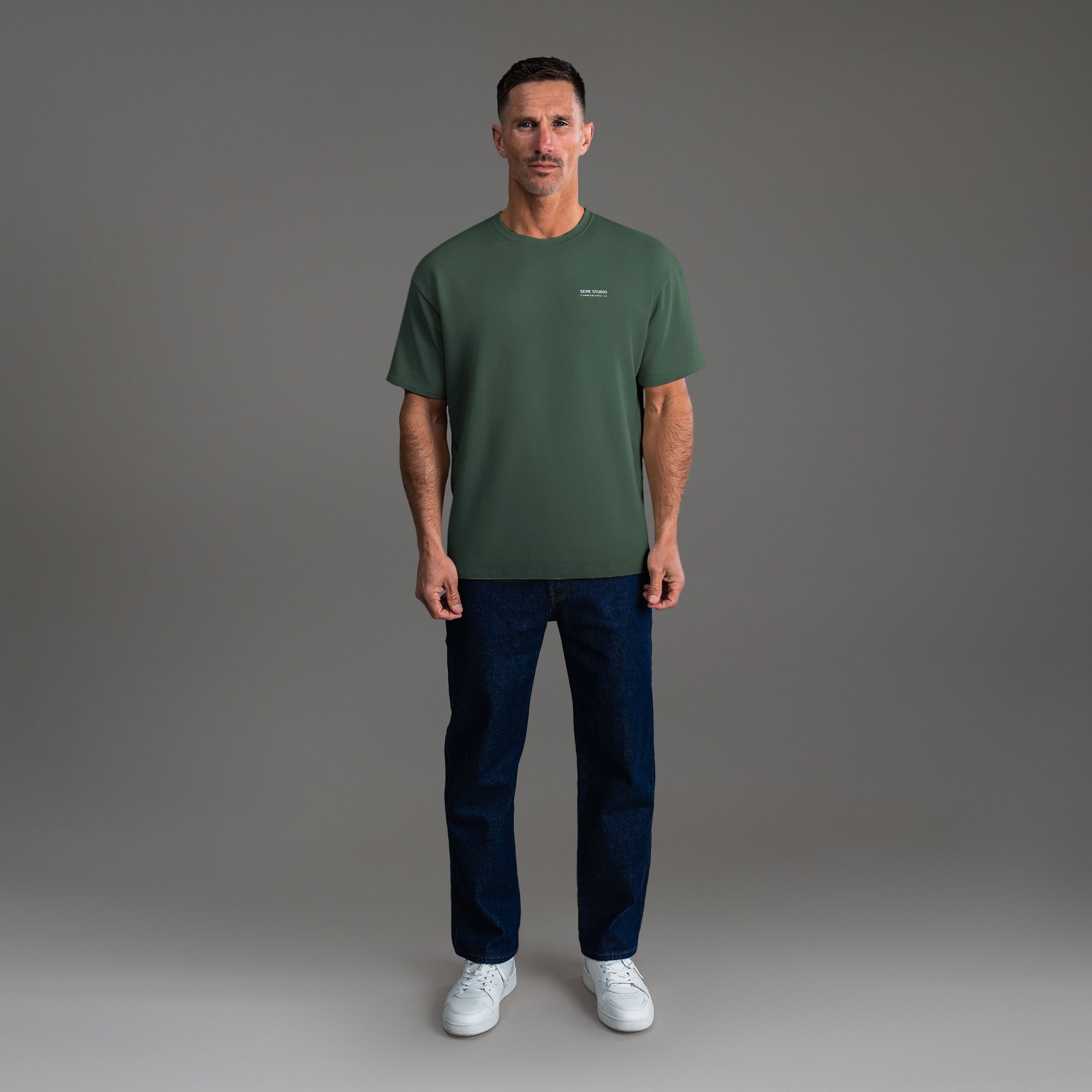 Tags:(6'0" - 180 lbs) custom t-shirt tee model Tyler in Moss