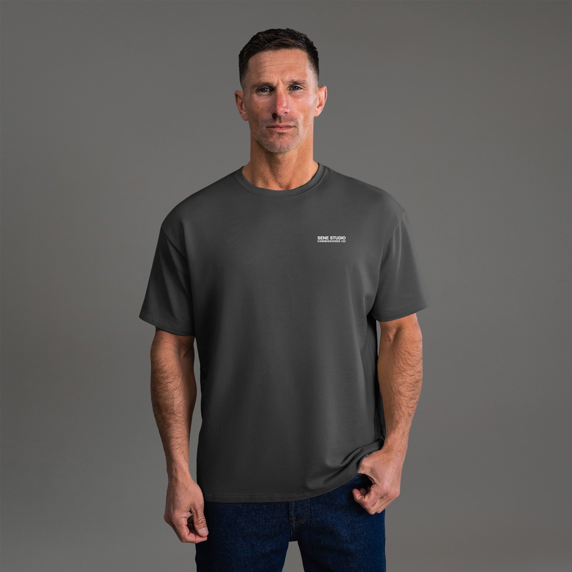 Tags:(6'0" - 180 lbs) custom t-shirt tee model Tyler in Smoke