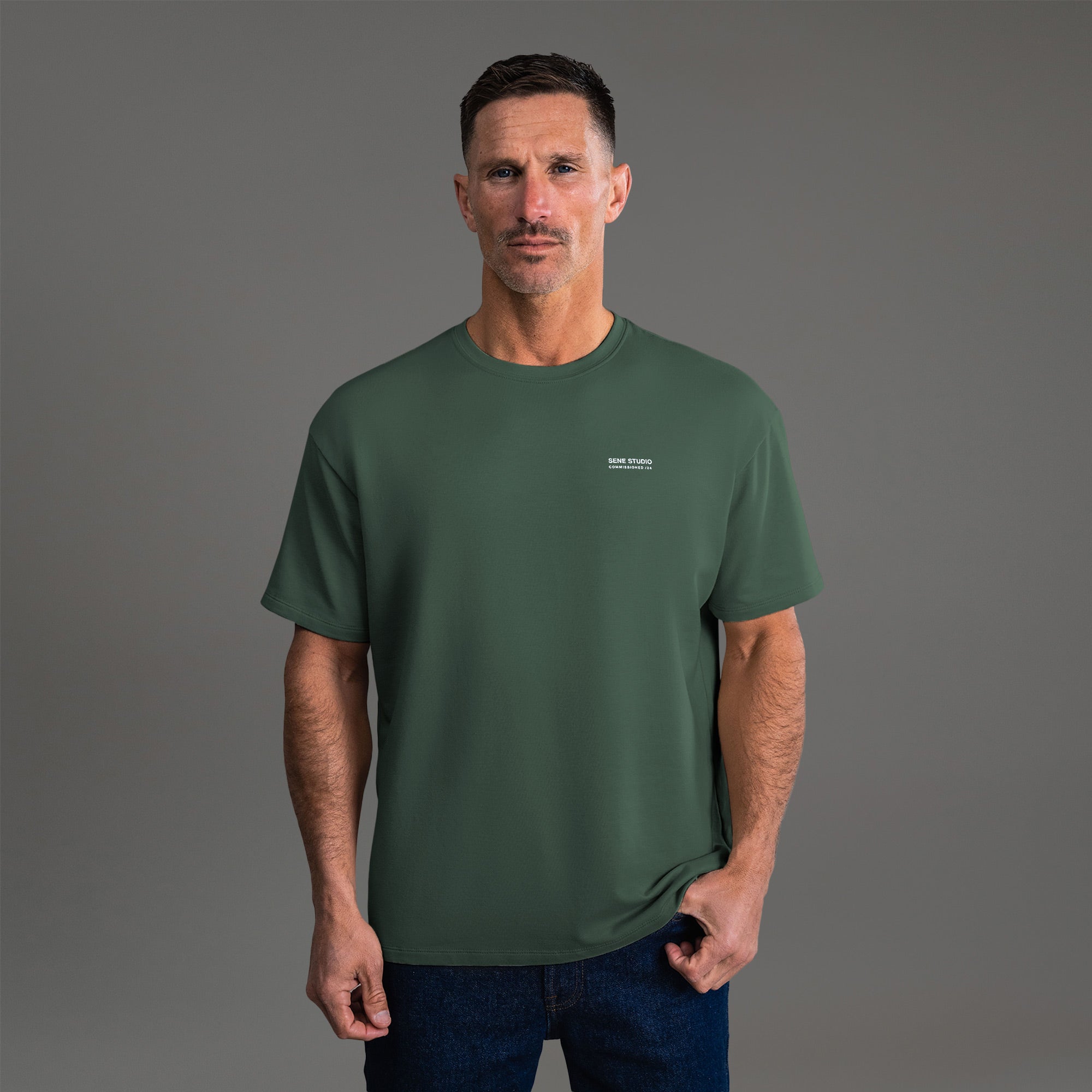 Tags:(6'0" - 180 lbs) custom t-shirt tee model Tyler in Moss