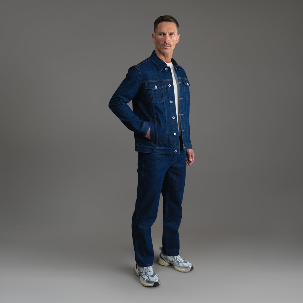 Tags:(6'0" - 180 lbs|Tailored) men's custom denim jacket model Tyler in Deep Indigo
