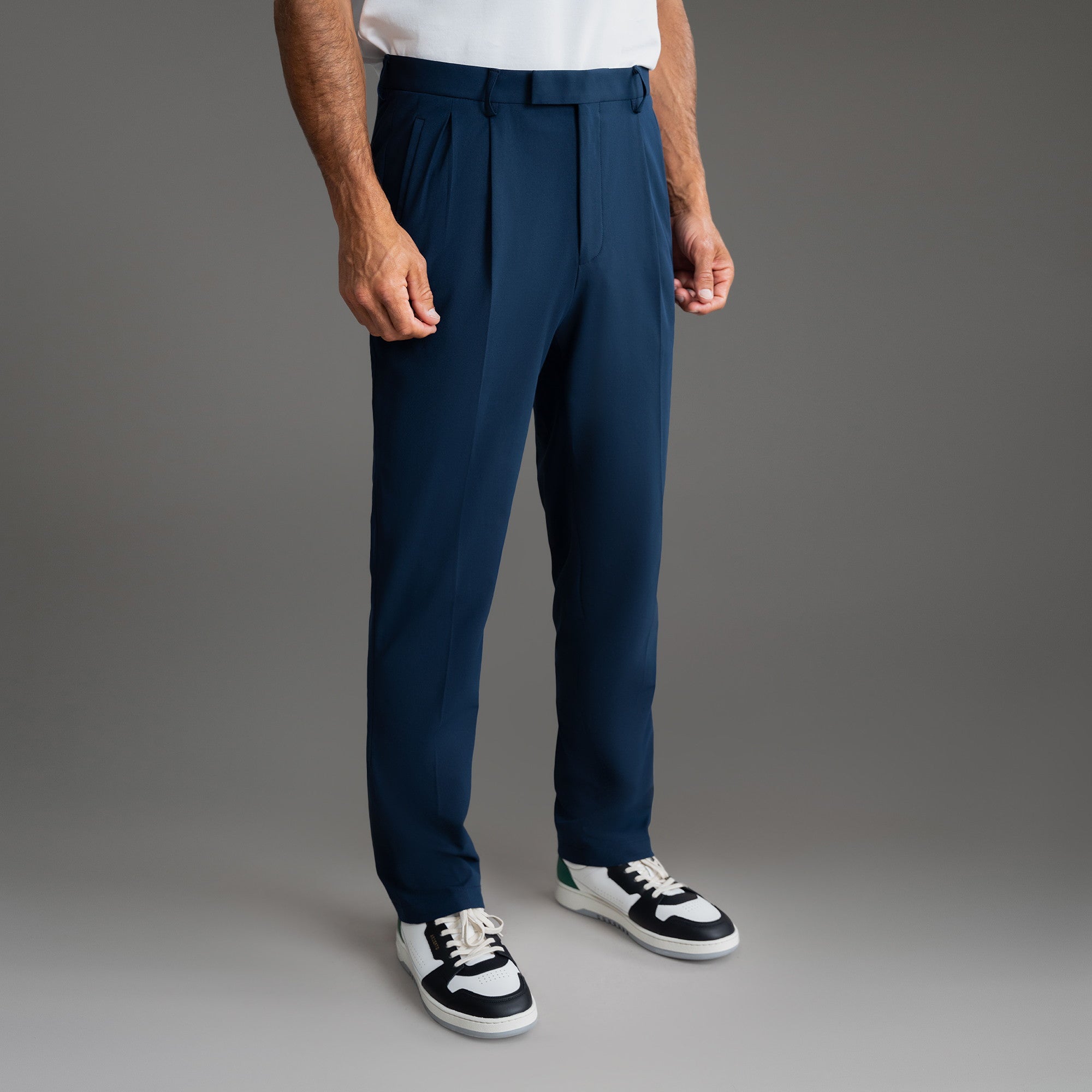bespoke custom trousers pant chino performance technical model Tyler in Nautical Blue