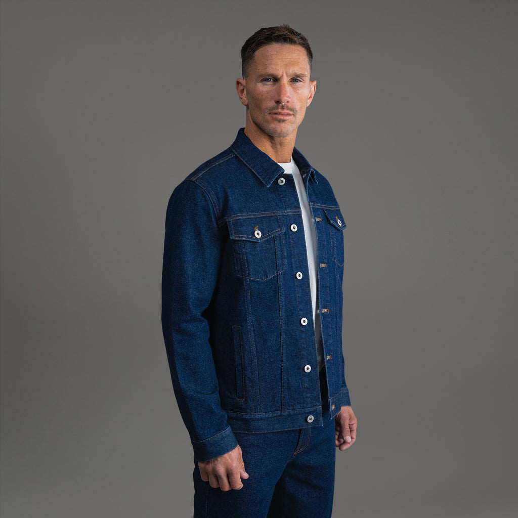 Tags:(6'0" - 180 lbs|Relaxed) men's custom denim jacket model Tyler in Deep Indigo