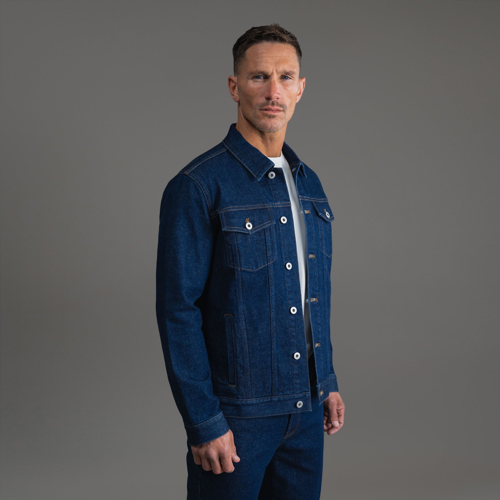 Tags:(6'0" - 180 lbs|Relaxed) men's custom denim jacket model Tyler in Deep Indigo