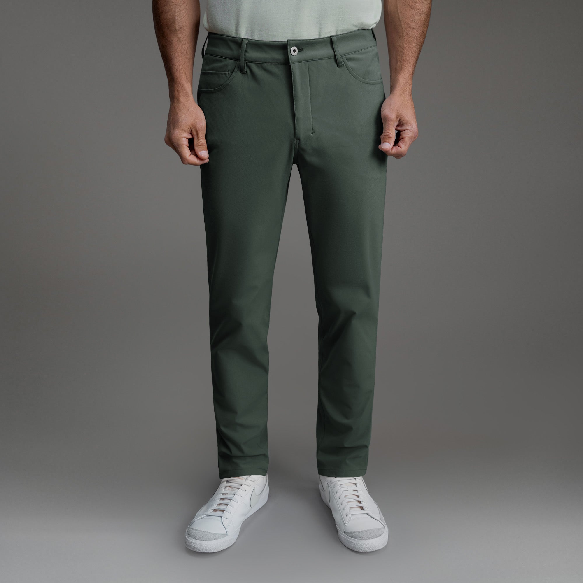 custom tech performance stretch pants model Tyler in Moss