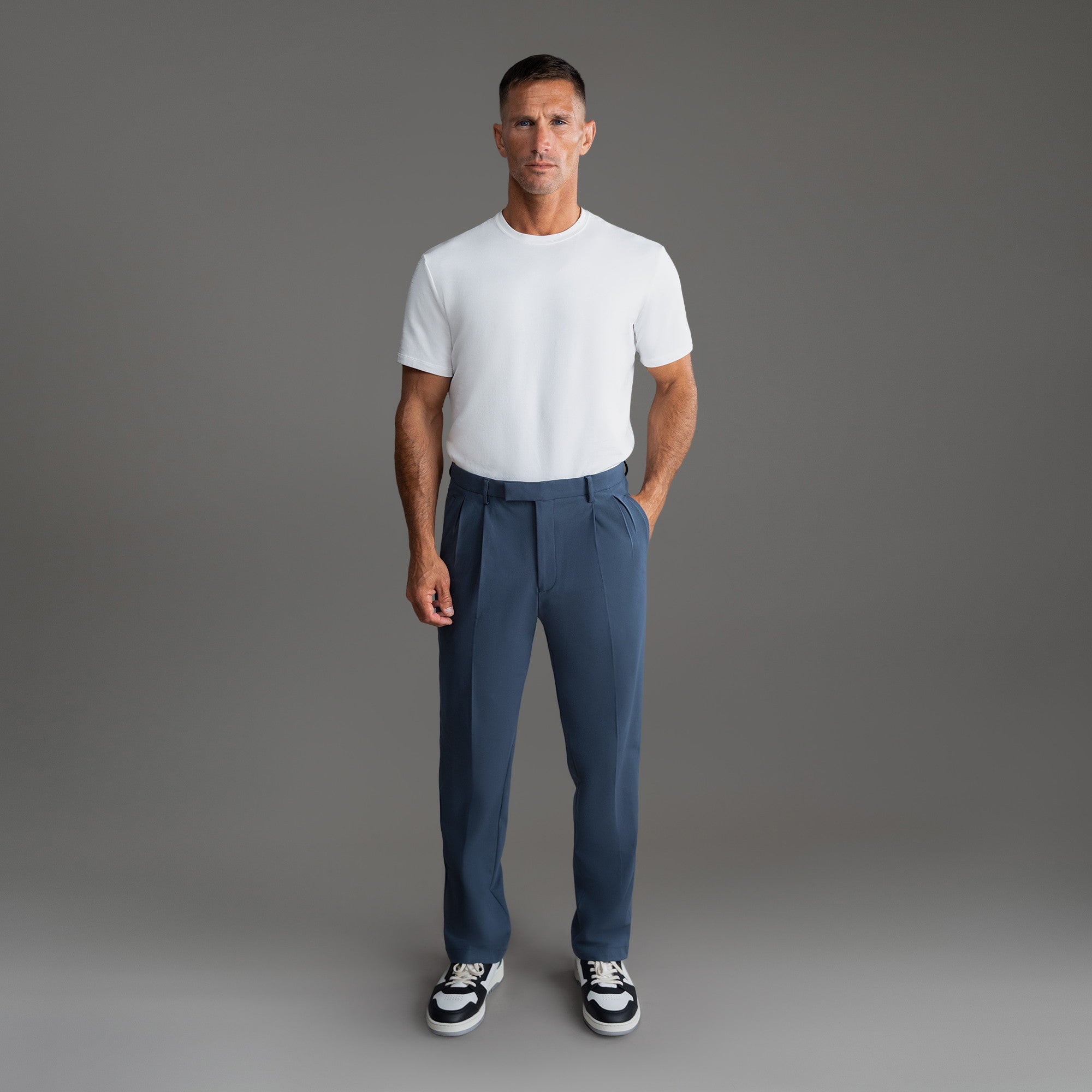 bespoke custom trousers pant chino performance technical model Tyler in Marina