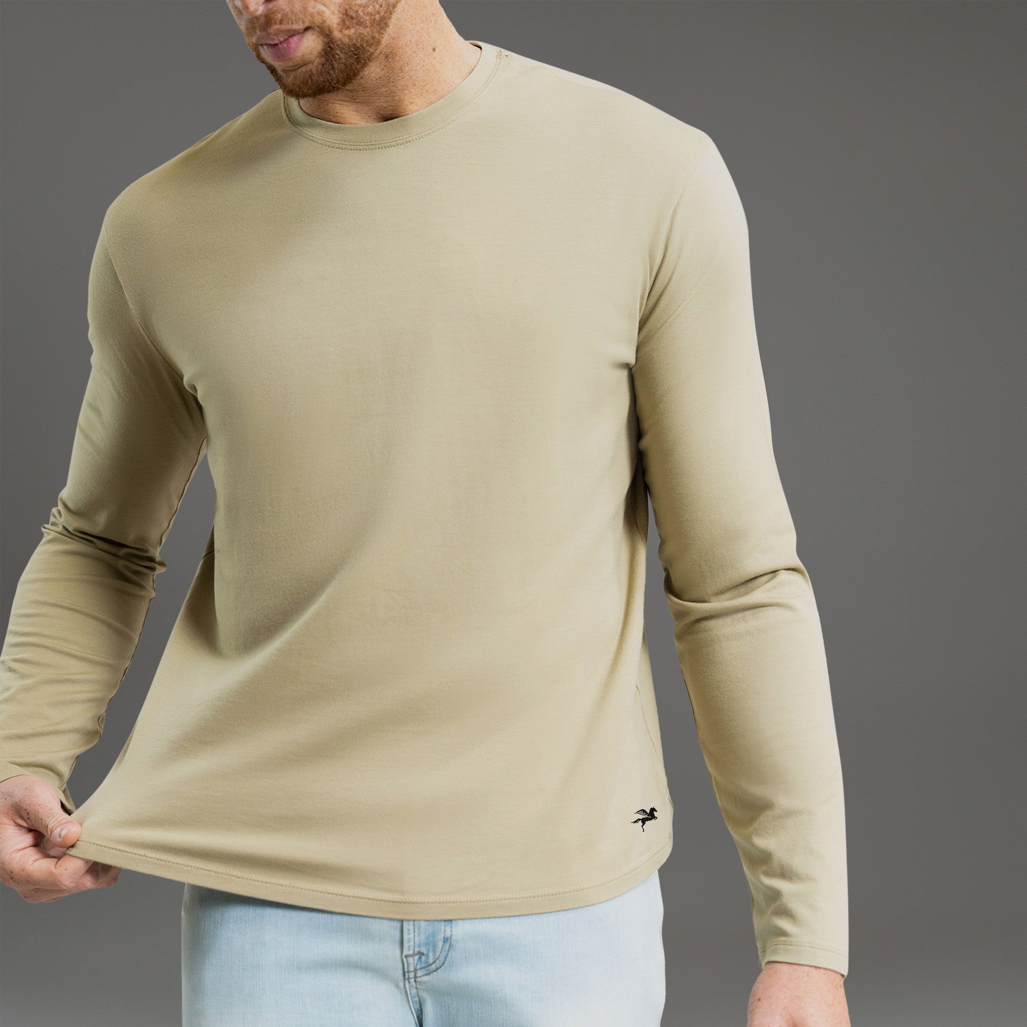 Custom longsleeve t-shirt on model Glen in Sand