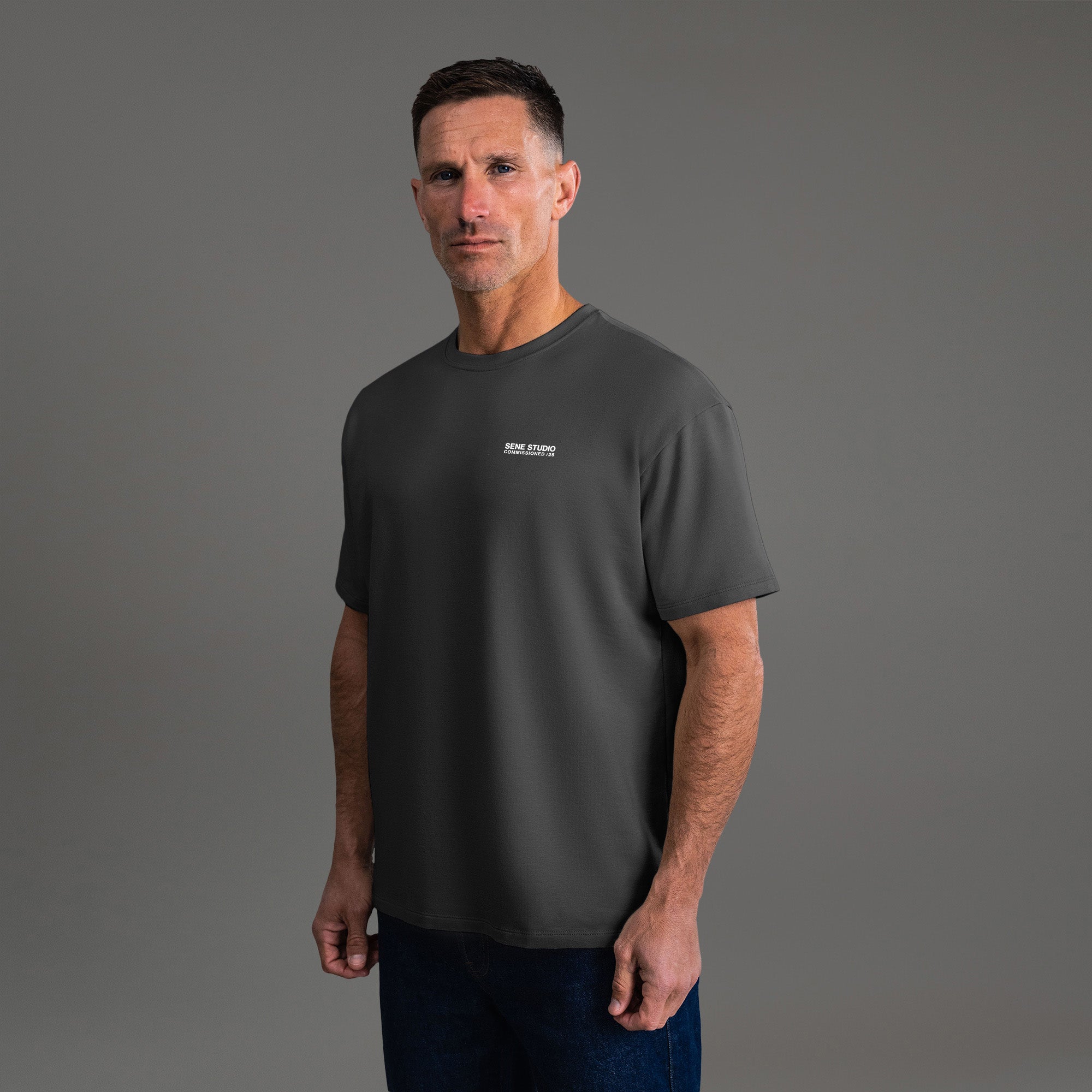 Tags:(6'0" - 180 lbs) custom t-shirt tee model Tyler in Smoke