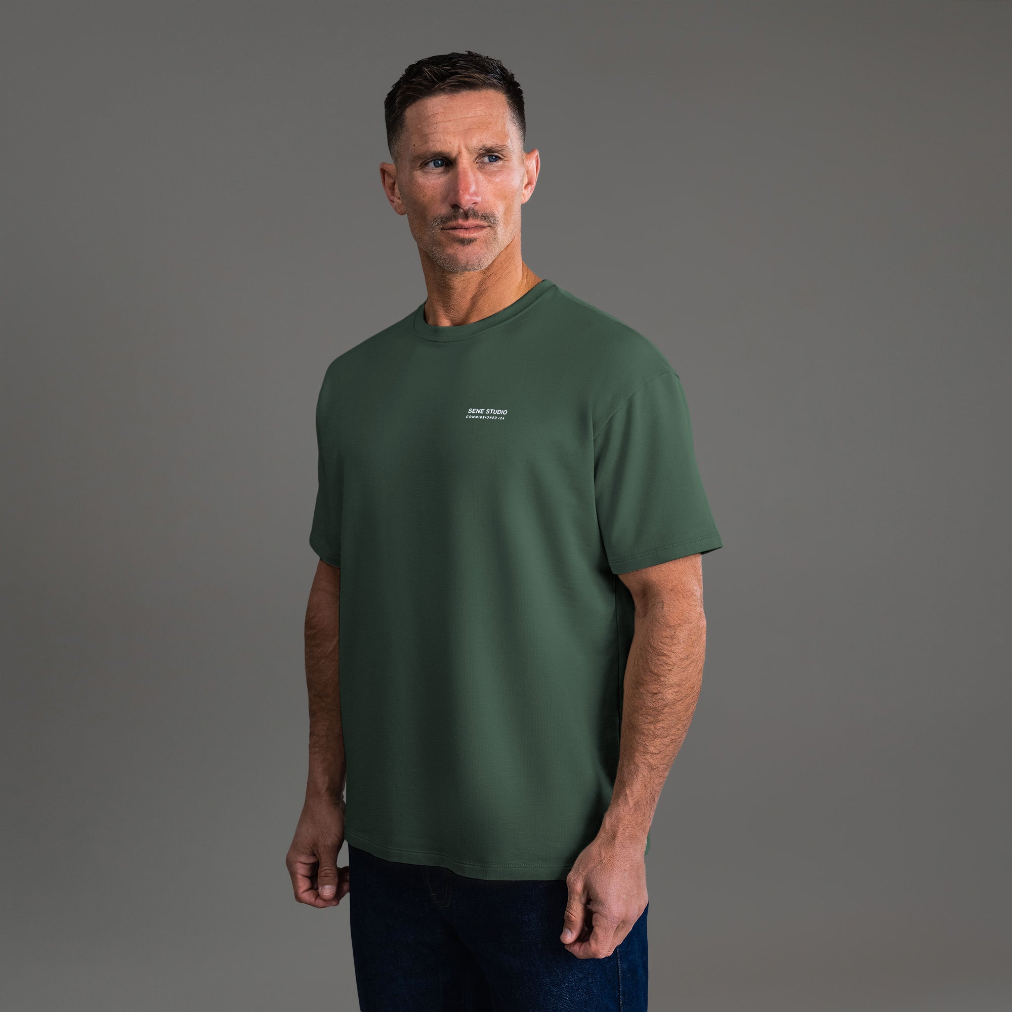 Tags:(6'0" - 180 lbs) custom t-shirt tee model Tyler in Moss