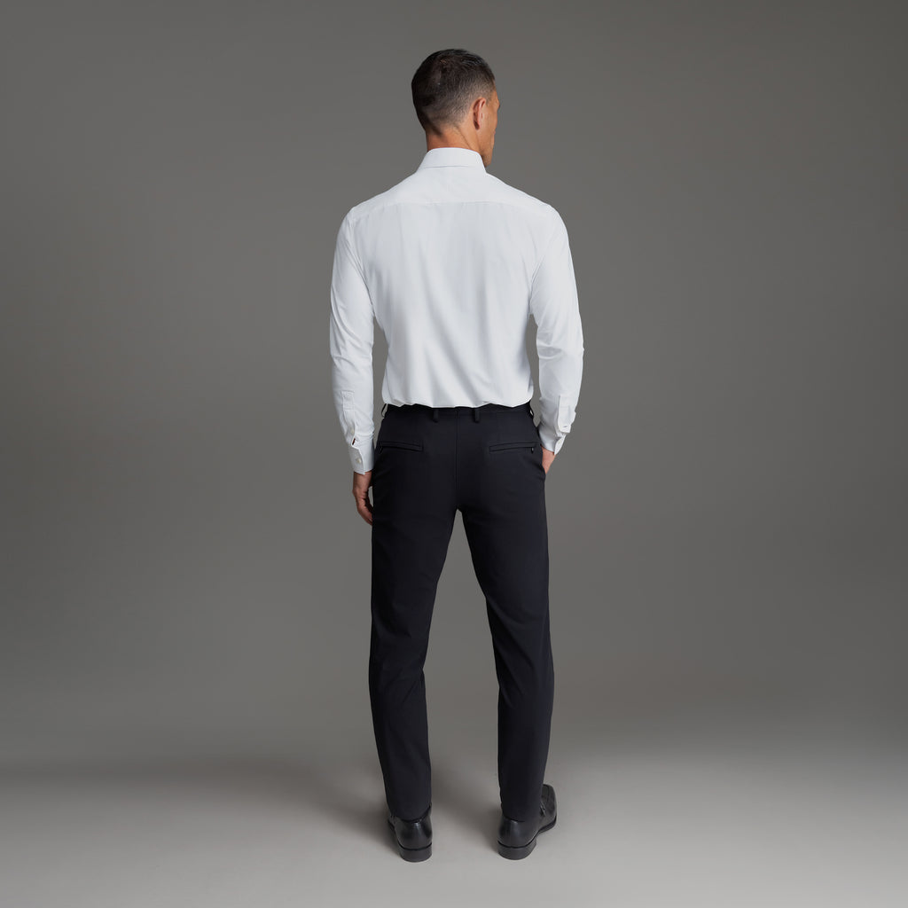 Custom Bespoke Tailored Spread Shirt model Tyler in White Navy Emblem