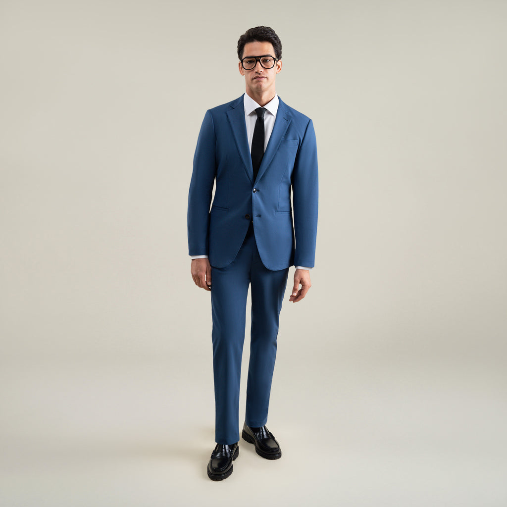 Tags:(6'1"|165) Bespoke custom athleisure technical athletic stretch suit los angeles model Jessey in Italian Blue