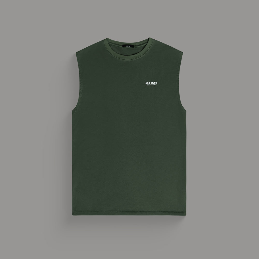 Green sleeveless shirt with a small white logo on the left chest.