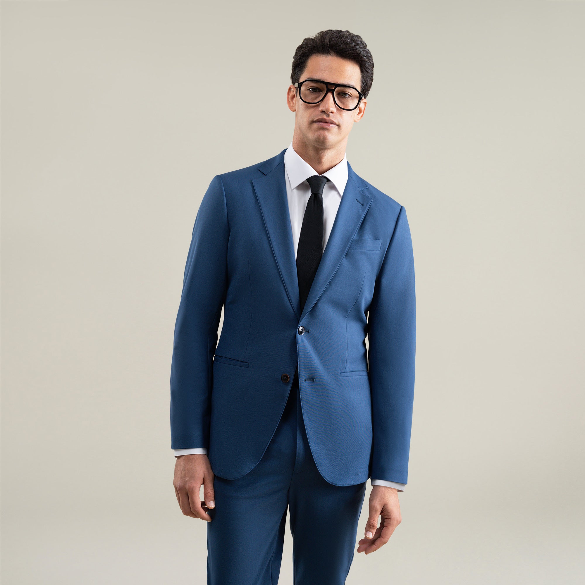 Tags:(6'1"|165) Bespoke custom athleisure technical athletic stretch suit los angeles model Jessey in Italian Blue