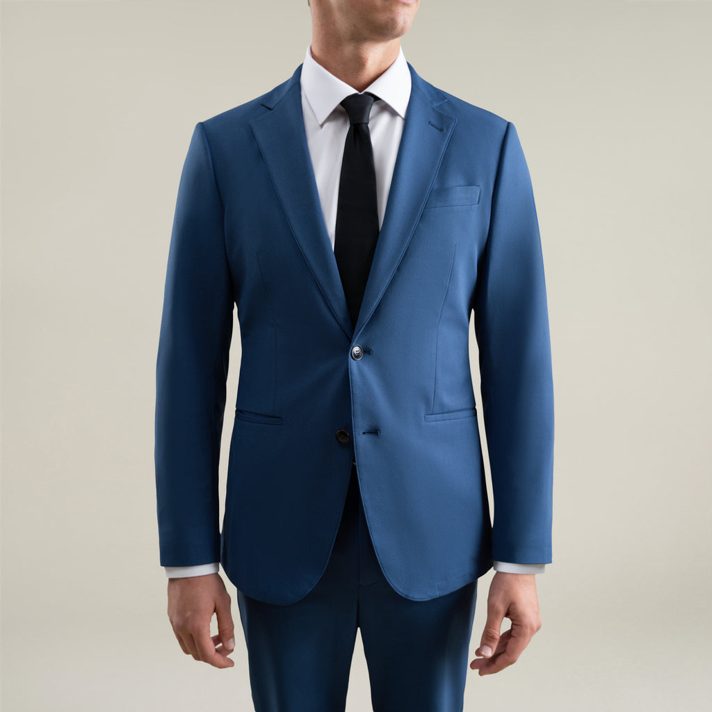 Tags:(6'1"|165) Bespoke custom athleisure technical athletic stretch suit los angeles model Jessey in Italian Blue
