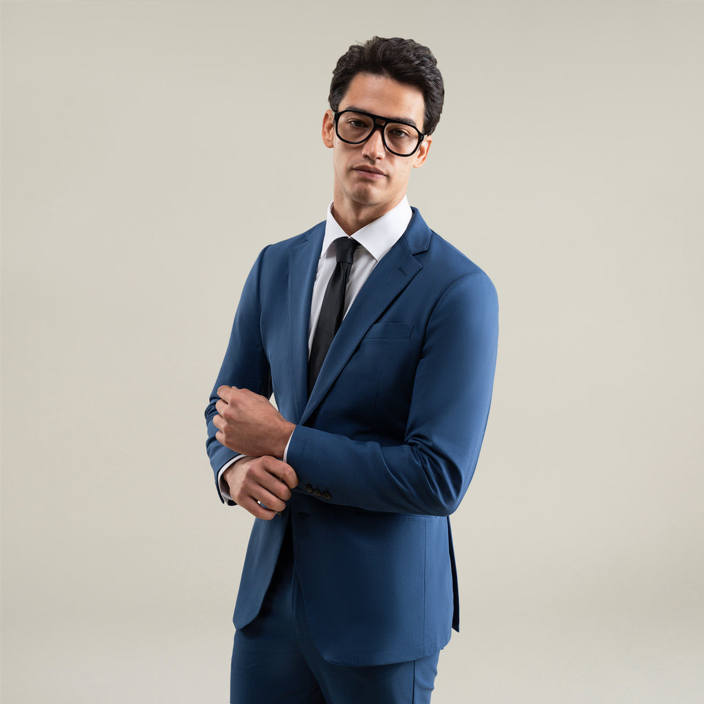 Tags:(6'1"|165) Bespoke custom athleisure technical athletic stretch suit los angeles model Jessey in Italian Blue