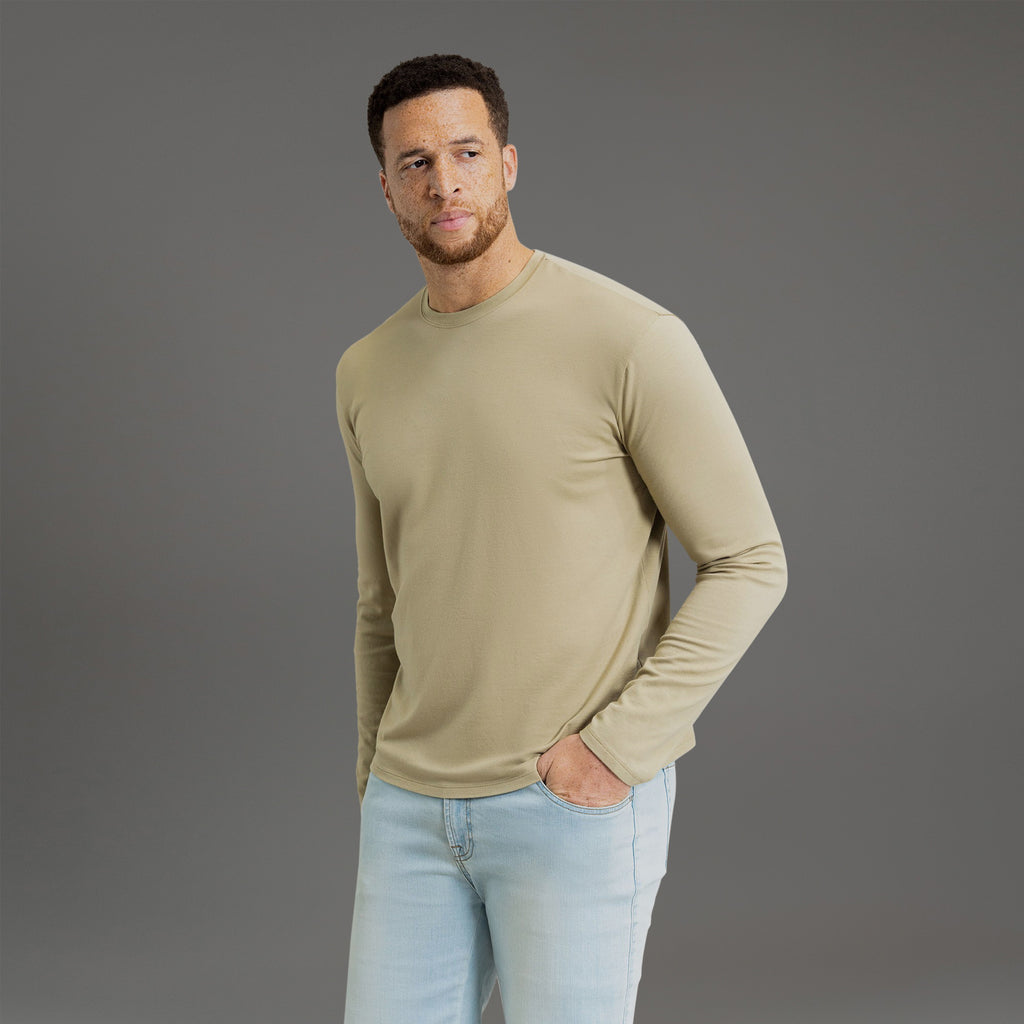 Custom longsleeve t-shirt on model Glen in Sand