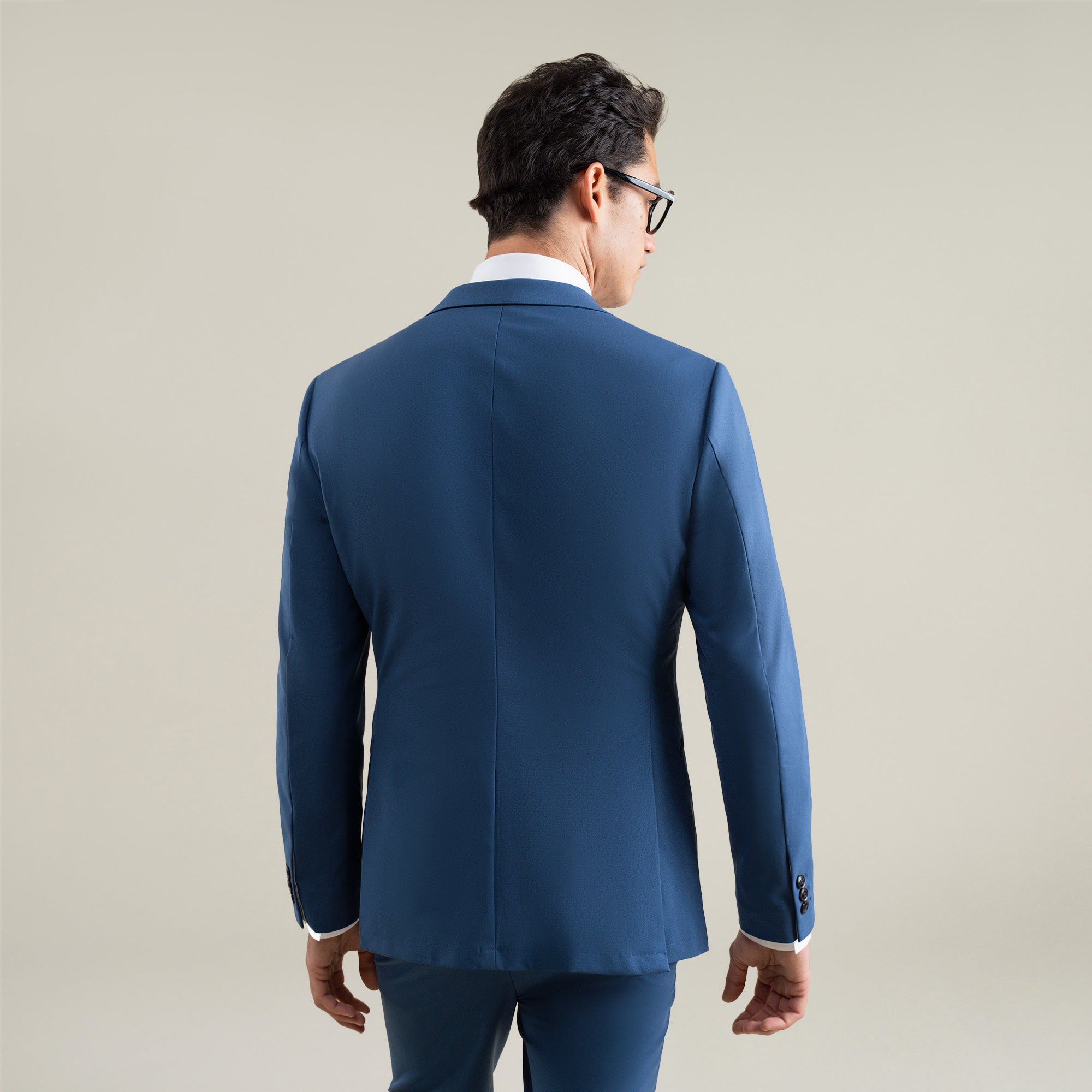 Tags:(6'1"|165) Bespoke custom athleisure technical athletic stretch suit los angeles model Jessey in Italian Blue