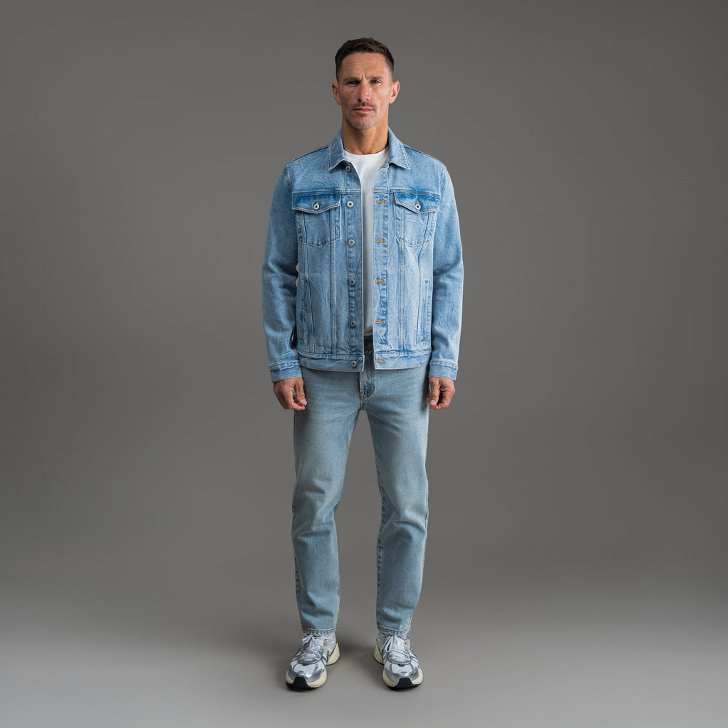 Tags:(6'0" - 180 lbs|Tailored) men's custom denim jacket model Tyler in Sandblast
