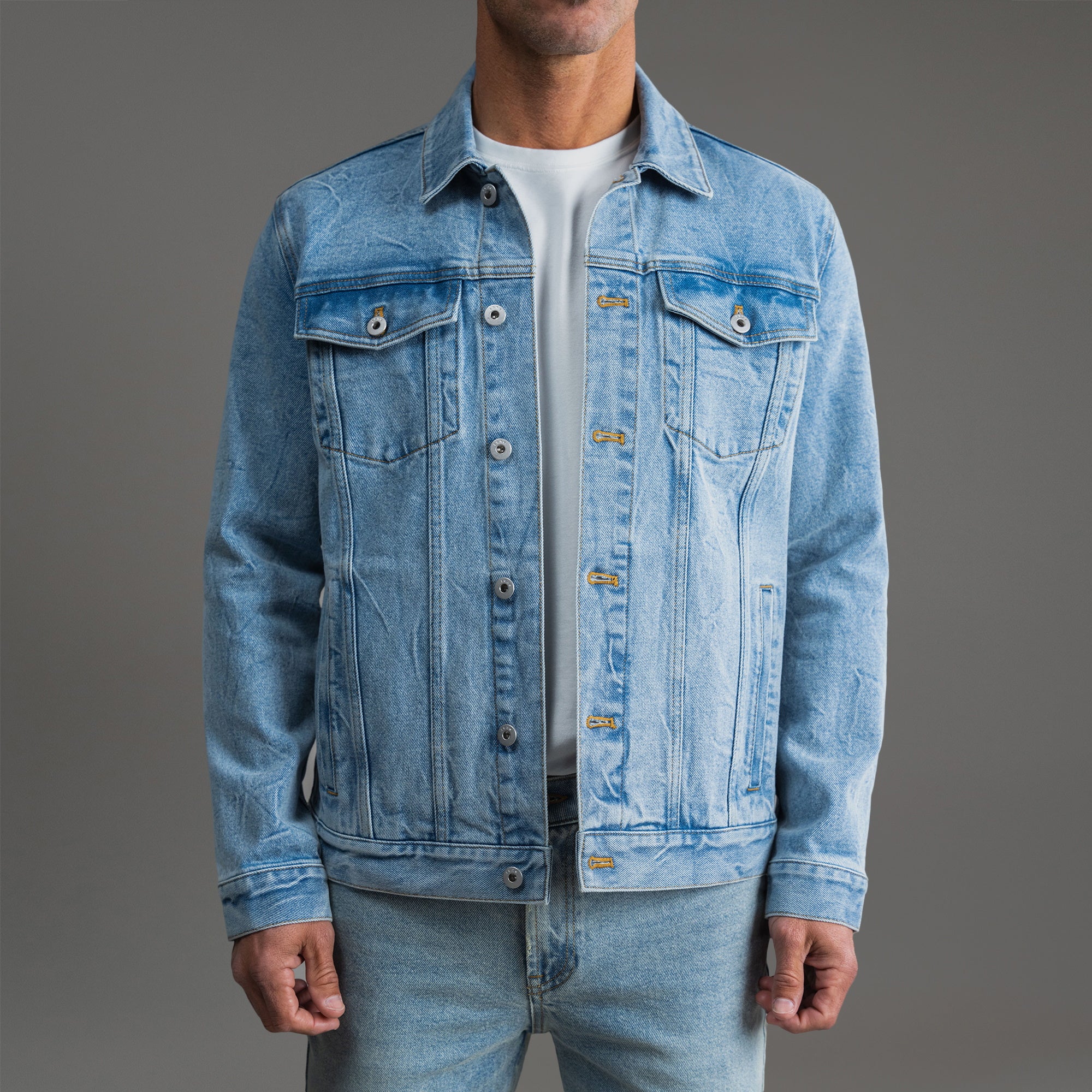 Tags:(6'0" - 180 lbs|Tailored) men's custom denim jacket model Tyler in Sandblast