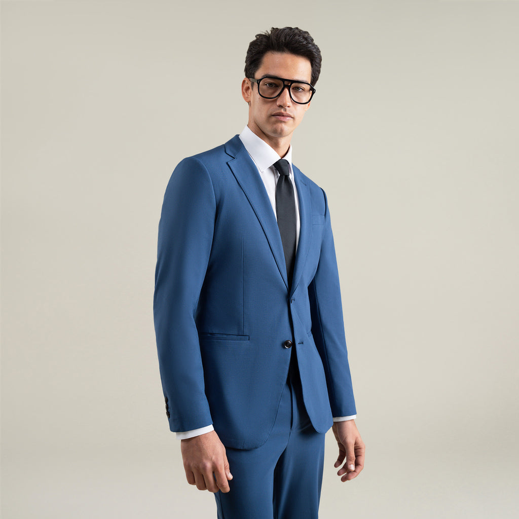 Tags:(6'1"|165) Bespoke custom athleisure technical athletic stretch suit los angeles model Jessey in Italian Blue