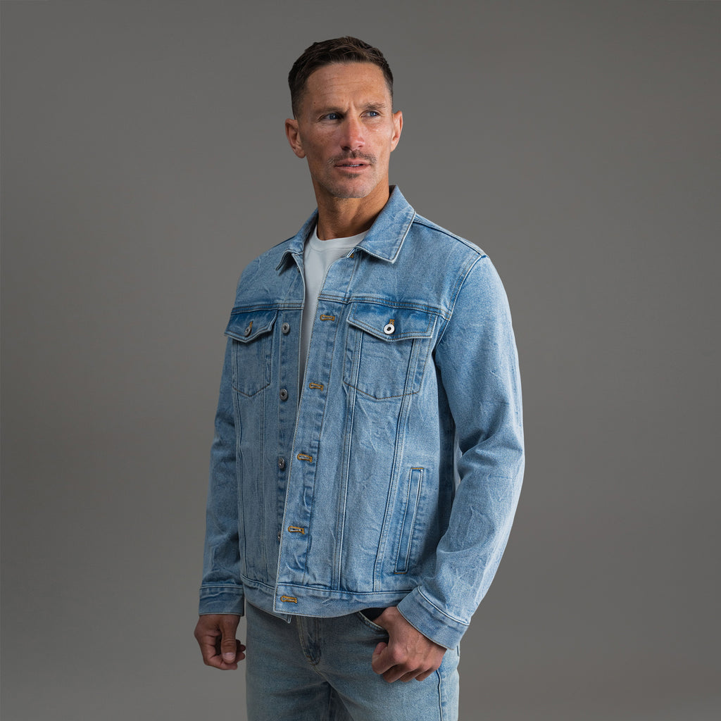 Tags:(6'0" - 180 lbs|Tailored) men's custom denim jacket model Tyler in Sandblast