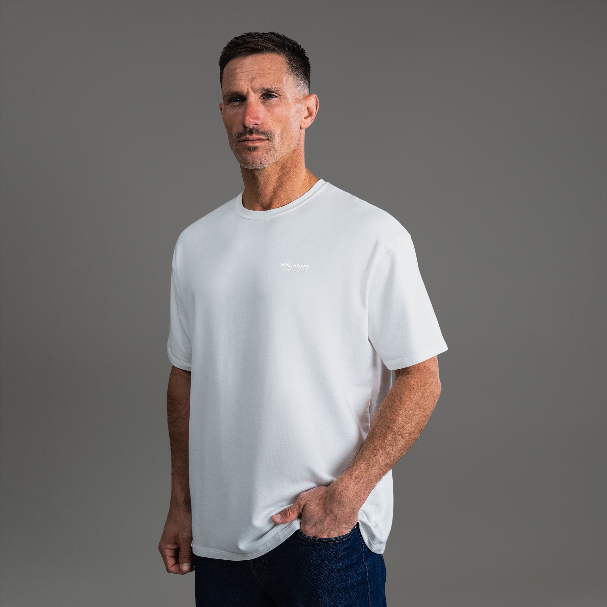 Tags:(6'0" - 180 lbs) custom t-shirt tee model Tyler in White