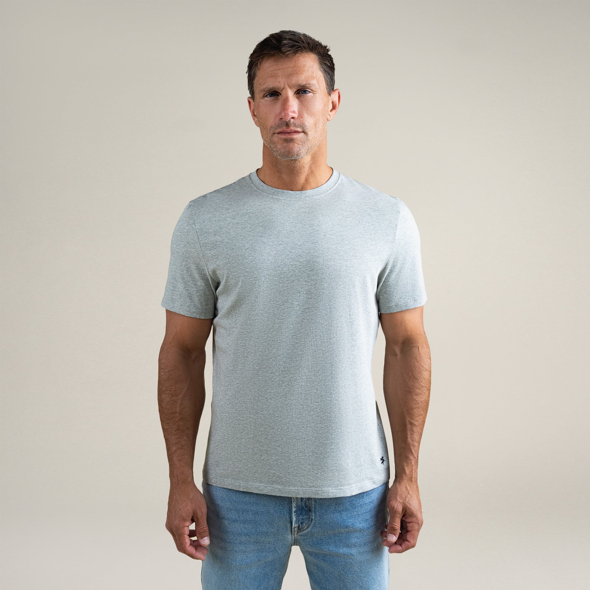 Tags:(6'0" - 180 lbs|Medium) Custom heather gray t-shirt on model Tyler in Heather Gray