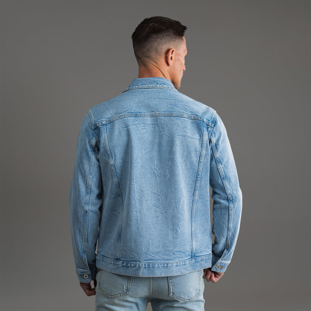 Tags:(6'0" - 180 lbs|Tailored) men's custom denim jacket model Tyler in Sandblast