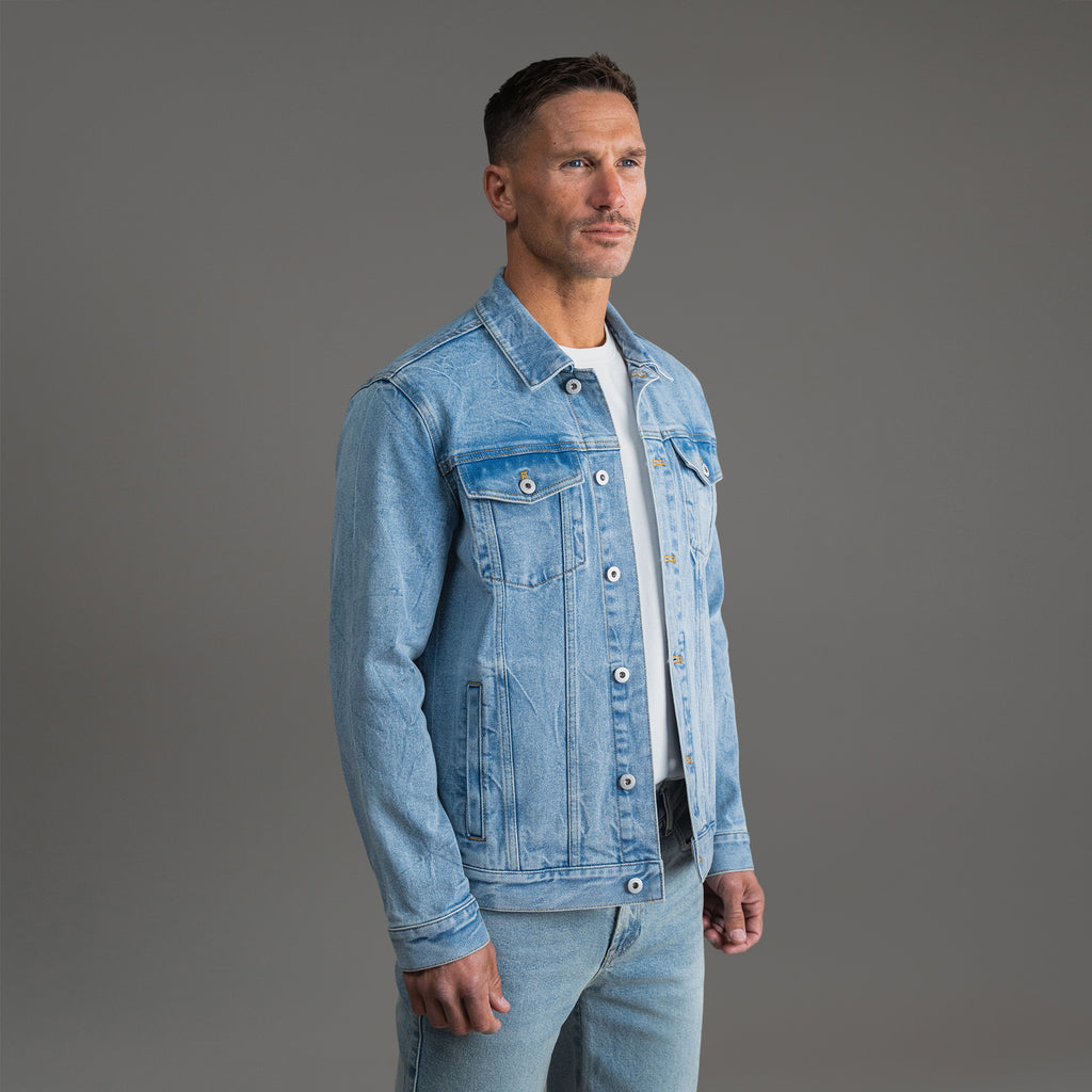 Tags:(6'0" - 180 lbs|Tailored) men's custom denim jacket model Tyler in Sandblast